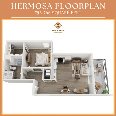 Floor plan for 1 bed, 1 bath, 766 sqft
